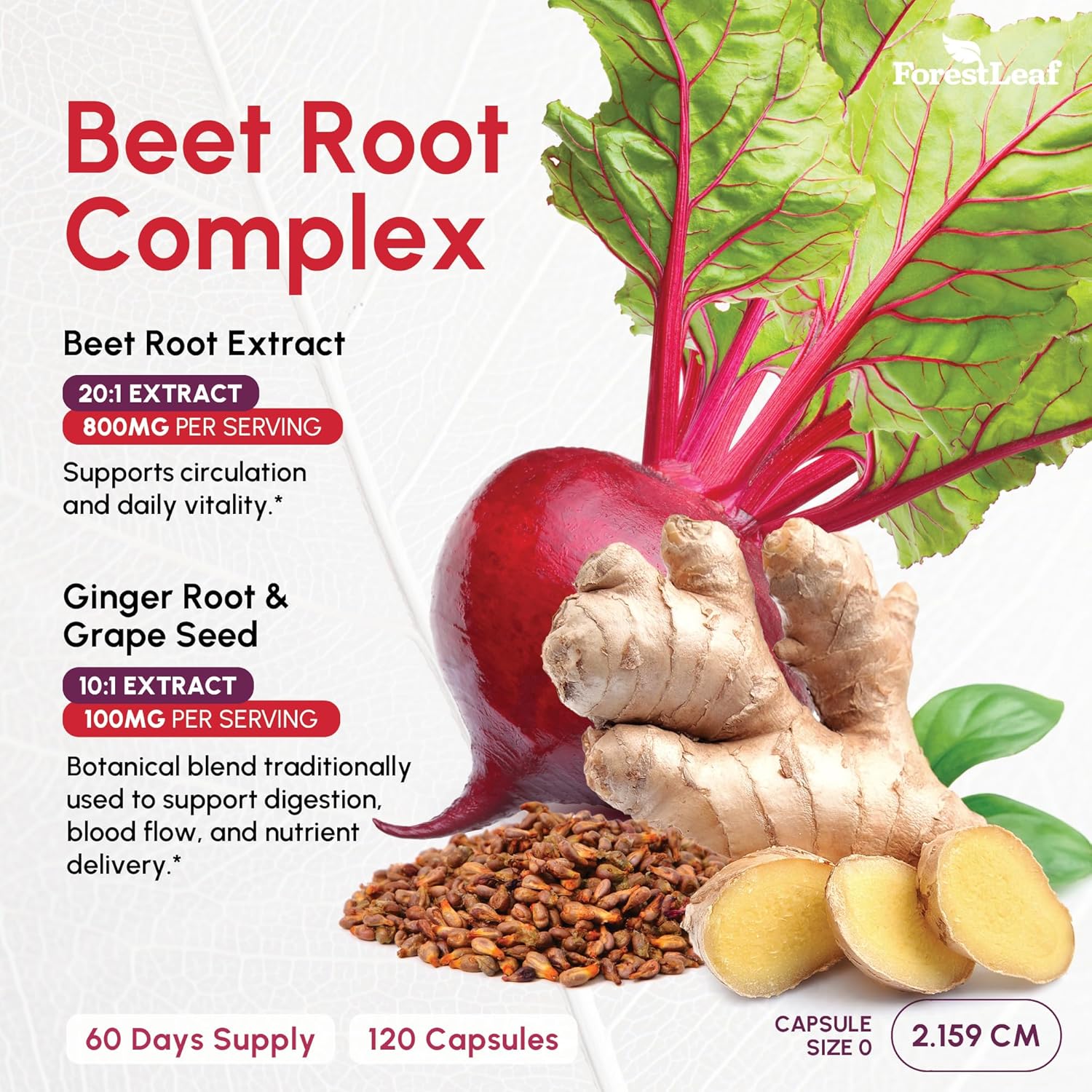 ForestLeaf Organic Beet Root Capsules - Beetroot Supplement 16000mg Strength 20:1 Extract Pills w/Ginger Grape Seed | Support Blood Pressure, Nitric Oxide, Flow, Circulation | Beets Powder - 120 Caps