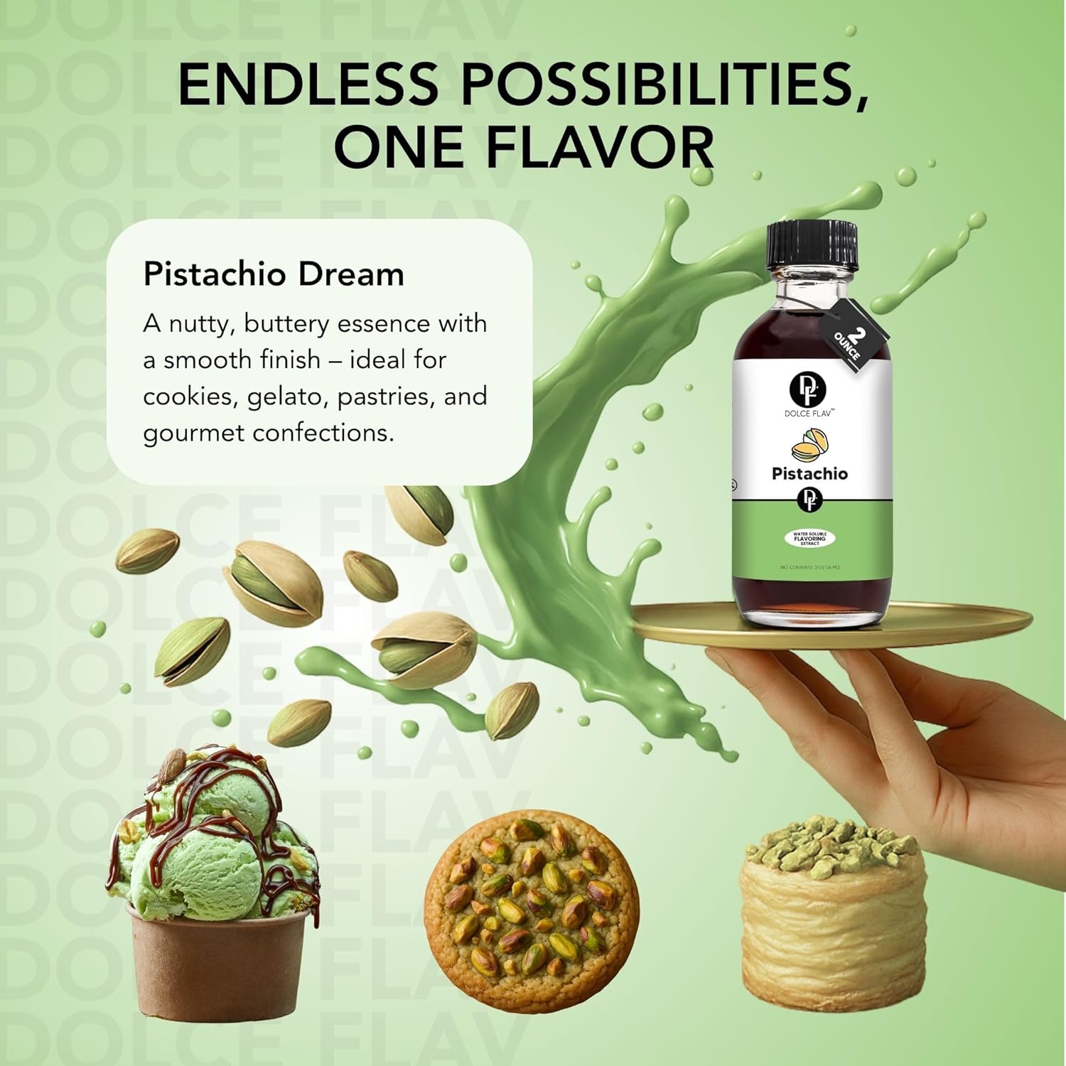 Dolce Flav Pistachio Extract – 8 Ounce Water-Soluble Kosher, Sugar-Free, Concentrated Nutty Pistachio Flavor for Baking, Ice Cream & Pastries, Includes Measured Dropper