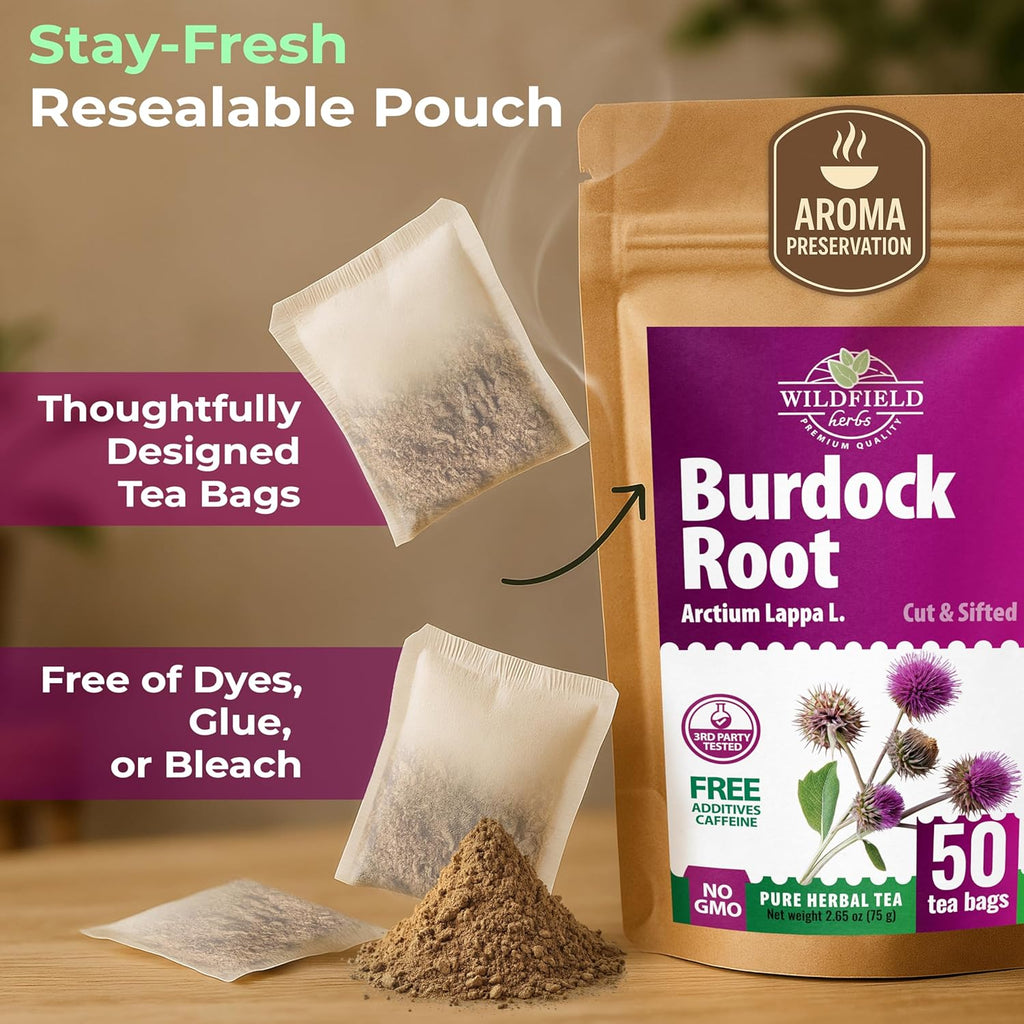 Wildfield Herbs 50 Bags Burdock Root Tea Herb Dried Burdock Root Tea Herb (Arctium Lappa Root) - 50 Count 1.5g Bags Bardana