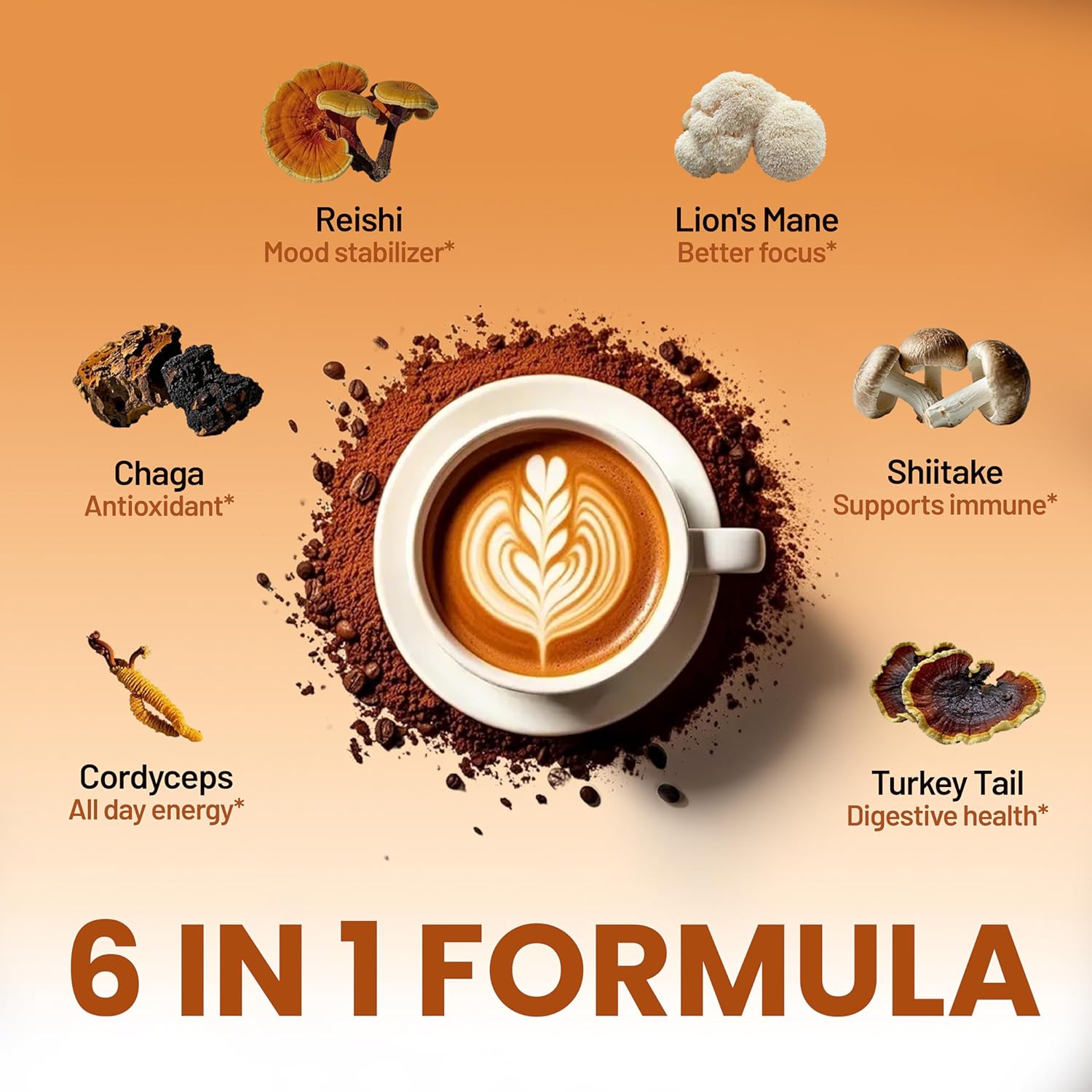 Neumina 6-in-1 Mushroom Coffee | Energy Coffee with 6 Adaptogenic Mushrooms(Cordyceps, Lion's Mane, Reishi, Chaga, Shiitake, Turkey Tail), 30 Servings, 1200mg Mushrooms