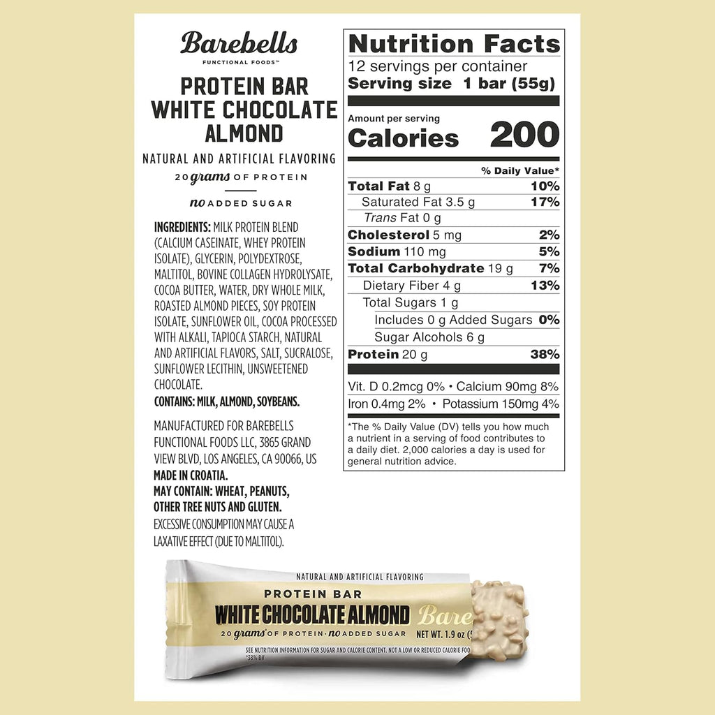 Barebells Protein Bars White Chocolate Almond - 12 Count, Pack of 2 - Protein Snacks with 20g of High Protein - Chocolate Protein Bar with 1g of Total Sugars - On The Go Protein Snack & Breakfast Bars