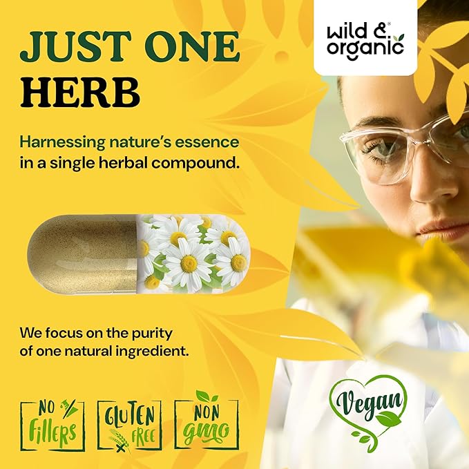 Wild & Organic Chamomile Capsules 800 mg - Relaxation & Digestive Support - Herb Chamomile Extract Supplement - Matricaria Recutita Flower - Vegan, No Fillers, Non-GMO - 60 Count