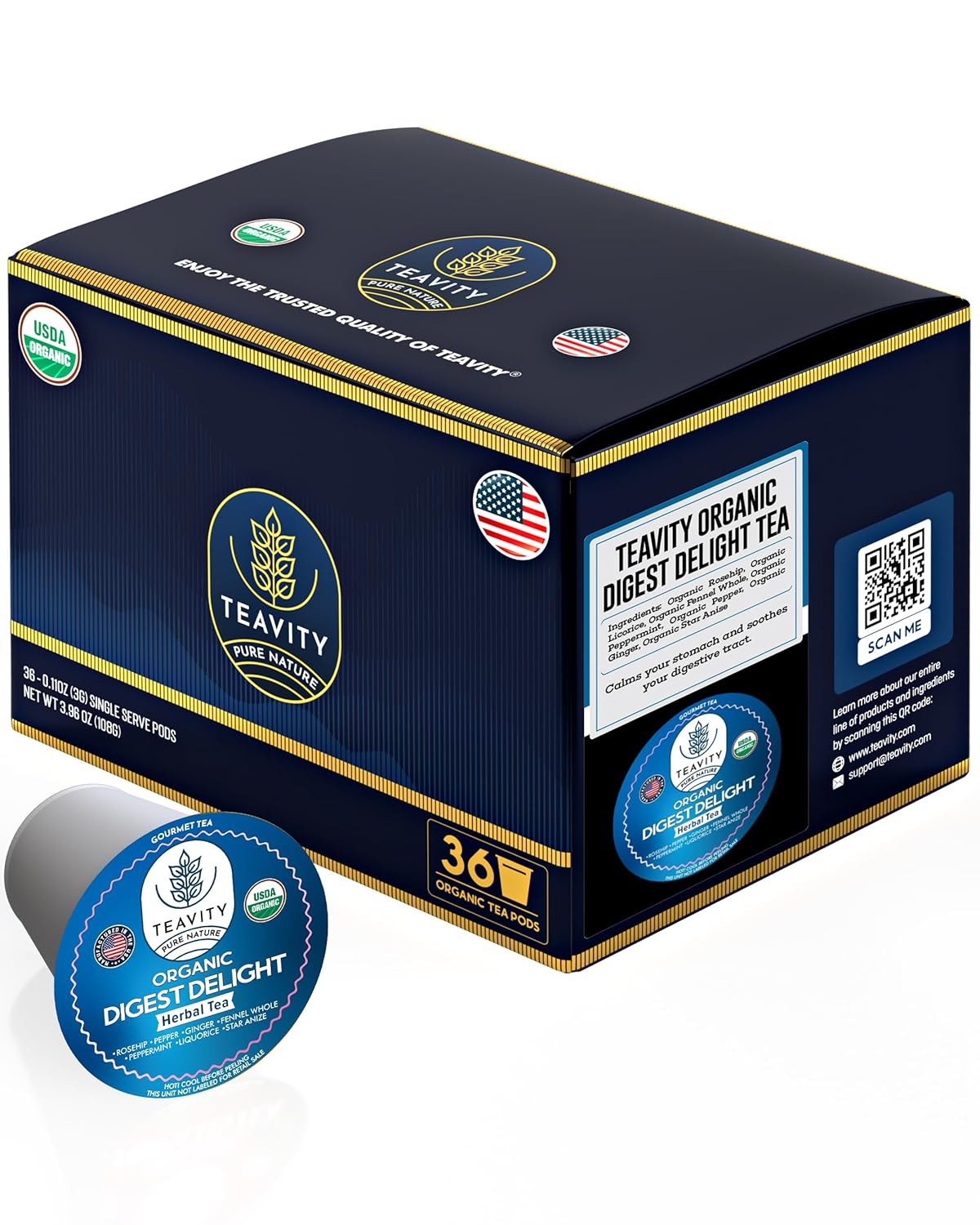 Organic Tea Pods with Ginger, Peppermint, Fennel, Licorice, & Rosehip Digest Delight by Teavity (36 Tea Pods)