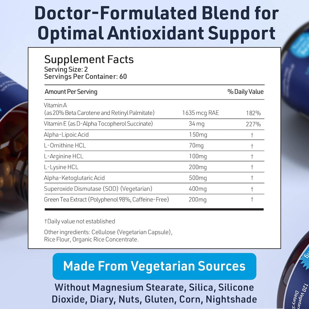 SOD Antioxidants Complex Healthy Aging Supplement - 400mg of Superoxide Dismutase - Alpha Lipoic Acid - Green Tea Extract - L-Arginine - Lysine - AKG - Vitamins A and E for Immune Support-120 Capsules