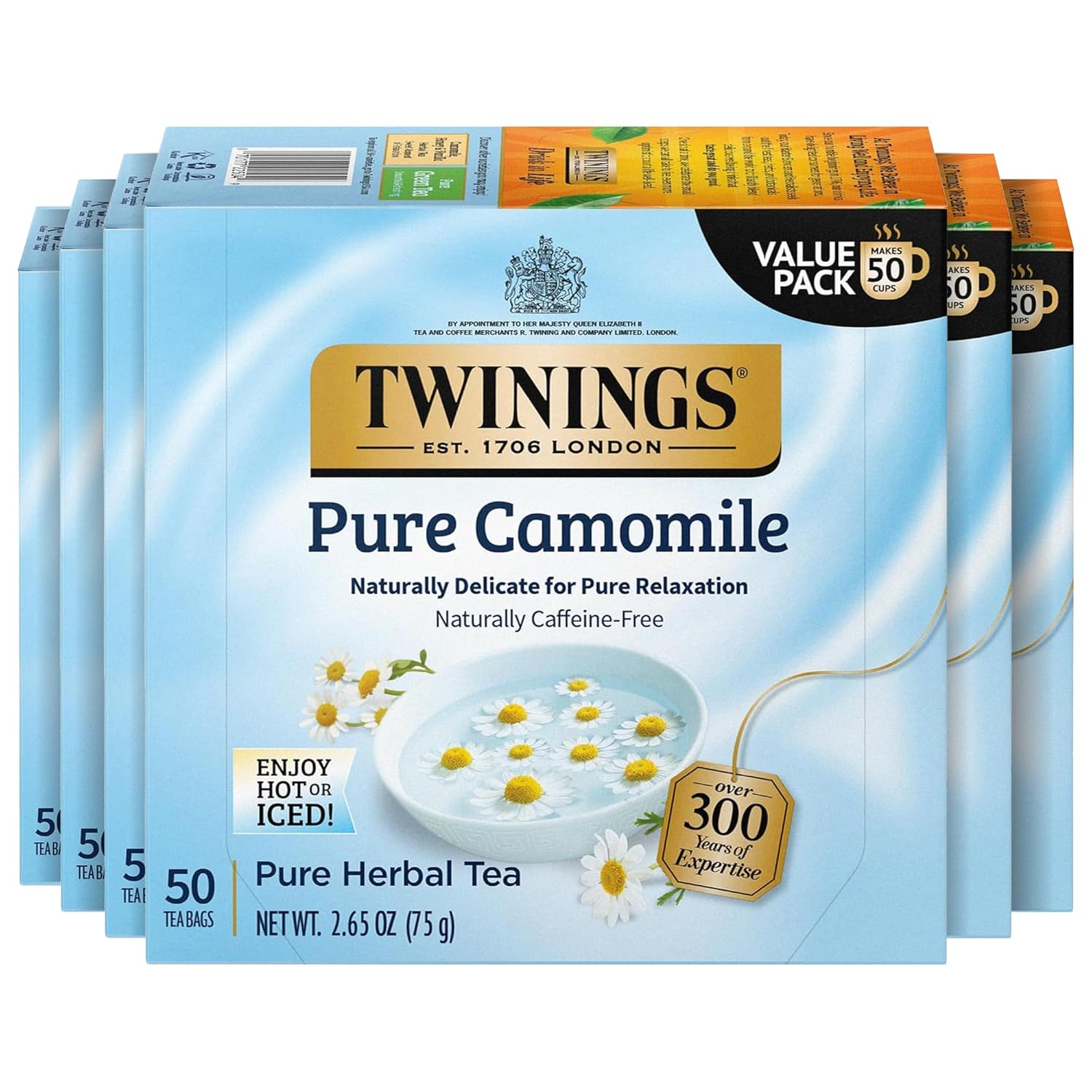 Twinings Pure Camomile Herbal Tea individually Wrapped Bags, 50 Count (Pack of 6), Naturally Caffeine-Free, Enjoy Hot or Iced, 300 Teabags