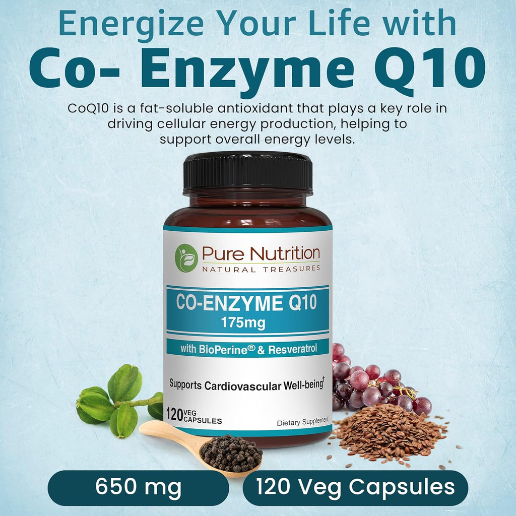 Pure Nutrition Bio Coenzyme Q10-175mg | 120 Veg Caps | CoQ10 with Bioperine® & Arjuna Extract | Nutrient-Rich Botanicals for Daily Wellness | Non-GMO
