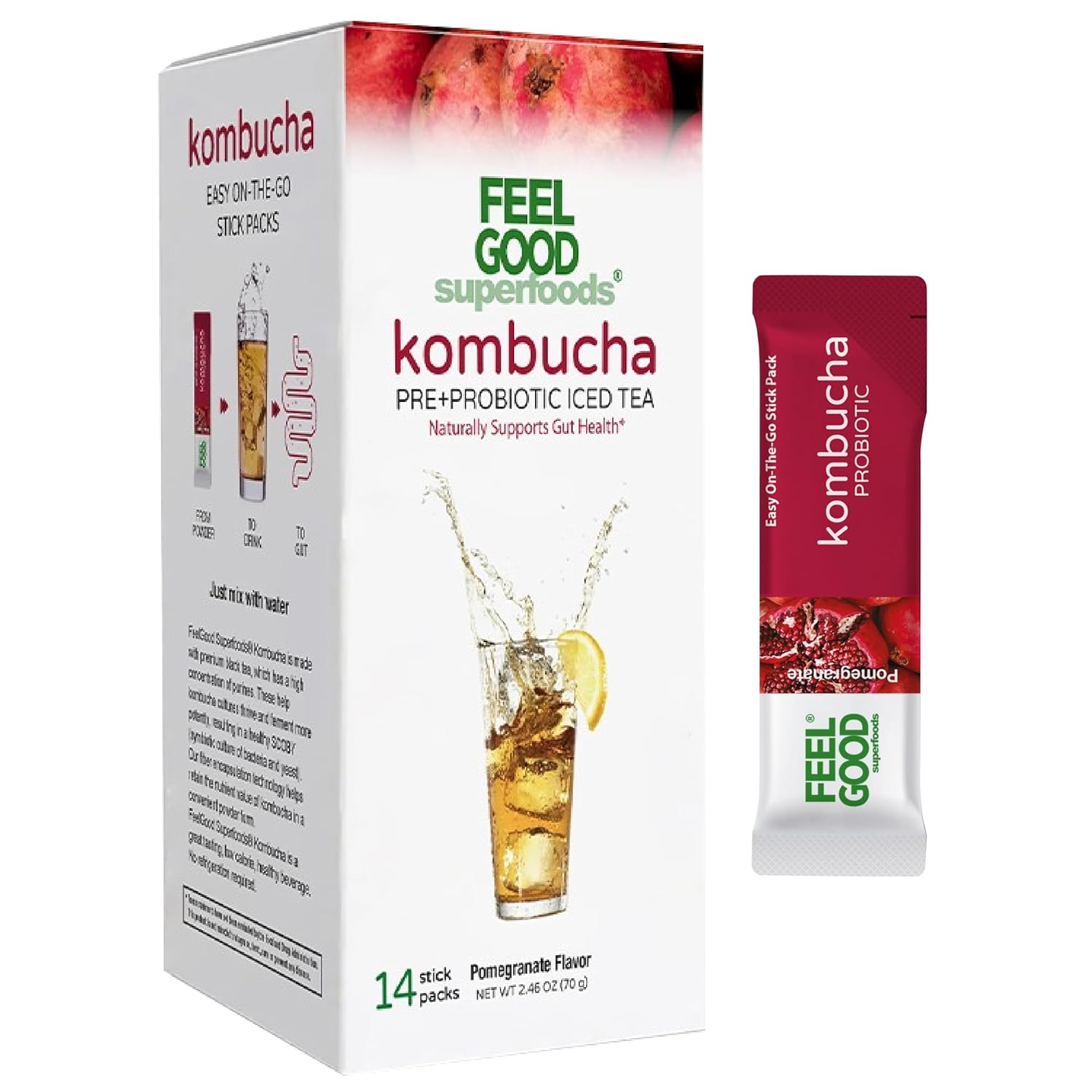 FeelGood Superfoods Kombucha Iced Tea Packets, Delicious Pomegranate Flavored Refreshing Instant Kombucha Powder Fizzy Drink, Probiotic Supplement for Gut Health, 14 pack