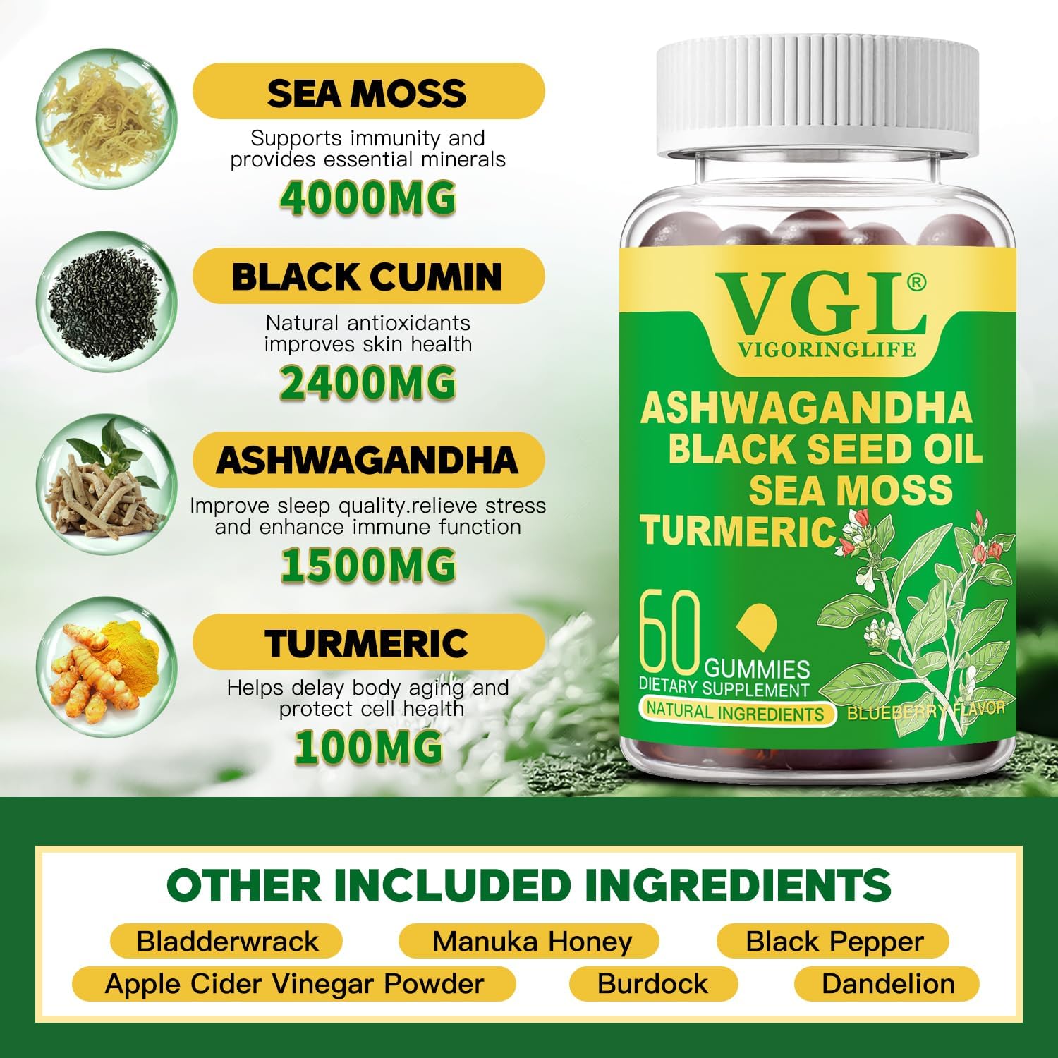 Ashwagandha Gummies for Women & Men - Vegan, Non-GMO, Gluten Free, Ashwagandha Supplements for Stress Relief, Blueberry Flavor, 60 Count
