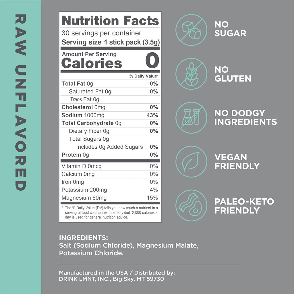 Drink LMNT Zero Sugar Electrolytes - Raw Unflavored Salt | Drink Mix | 30-Count