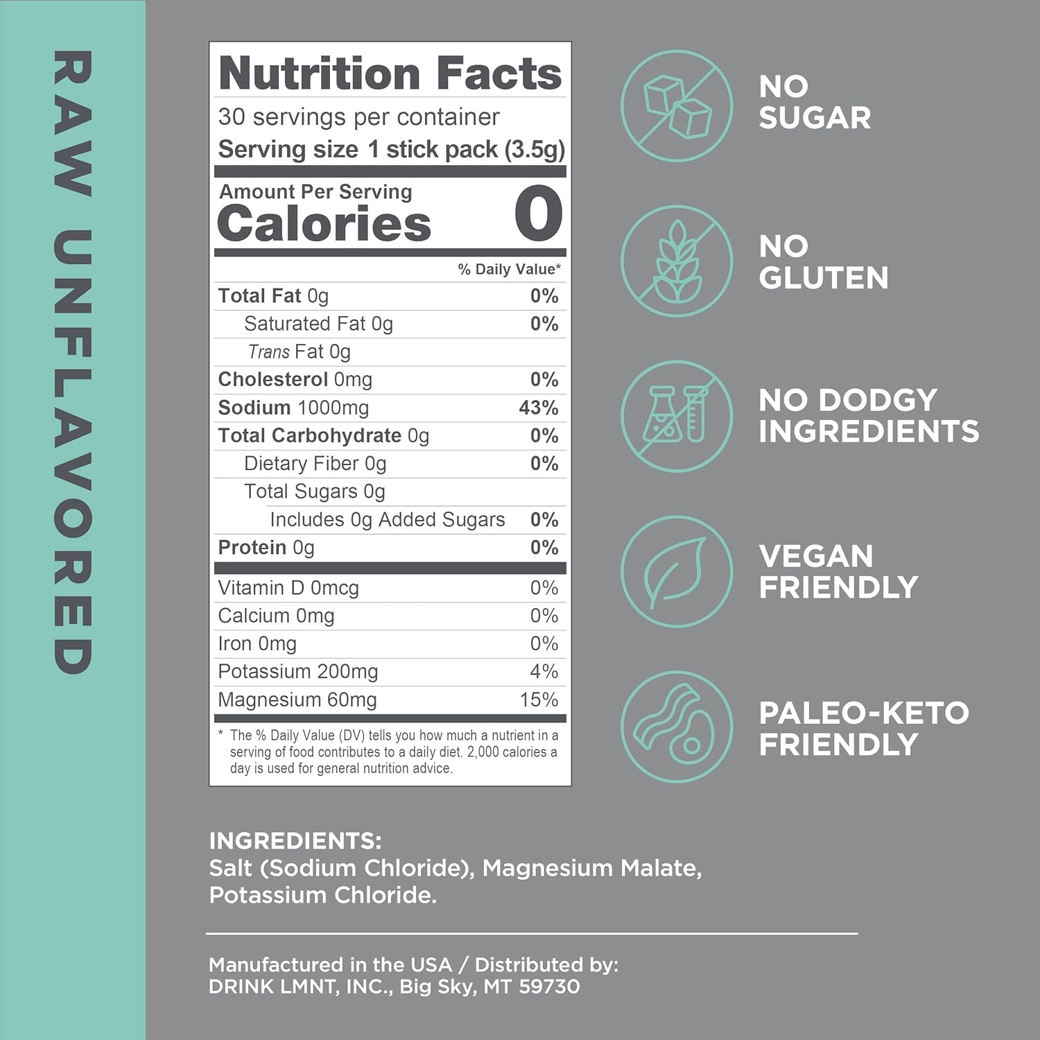 Drink LMNT Zero Sugar Electrolytes - Raw Unflavored Salt | Drink Mix | 30-Count