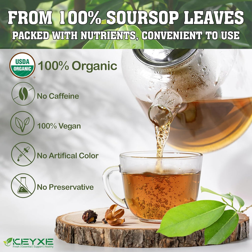 KEYXE - USDA Organic Soursop Graviola Leaves Tea 75 Bags. Non-GMO Verified , 100% Organic Soursop Leaves for Digestion, Boosting Immune, Improving Sleep & Skin Health, Gluten Free, Caffein Free , Hojas De Guanabana Tea Organica, Eco-Conscious Tea Bags