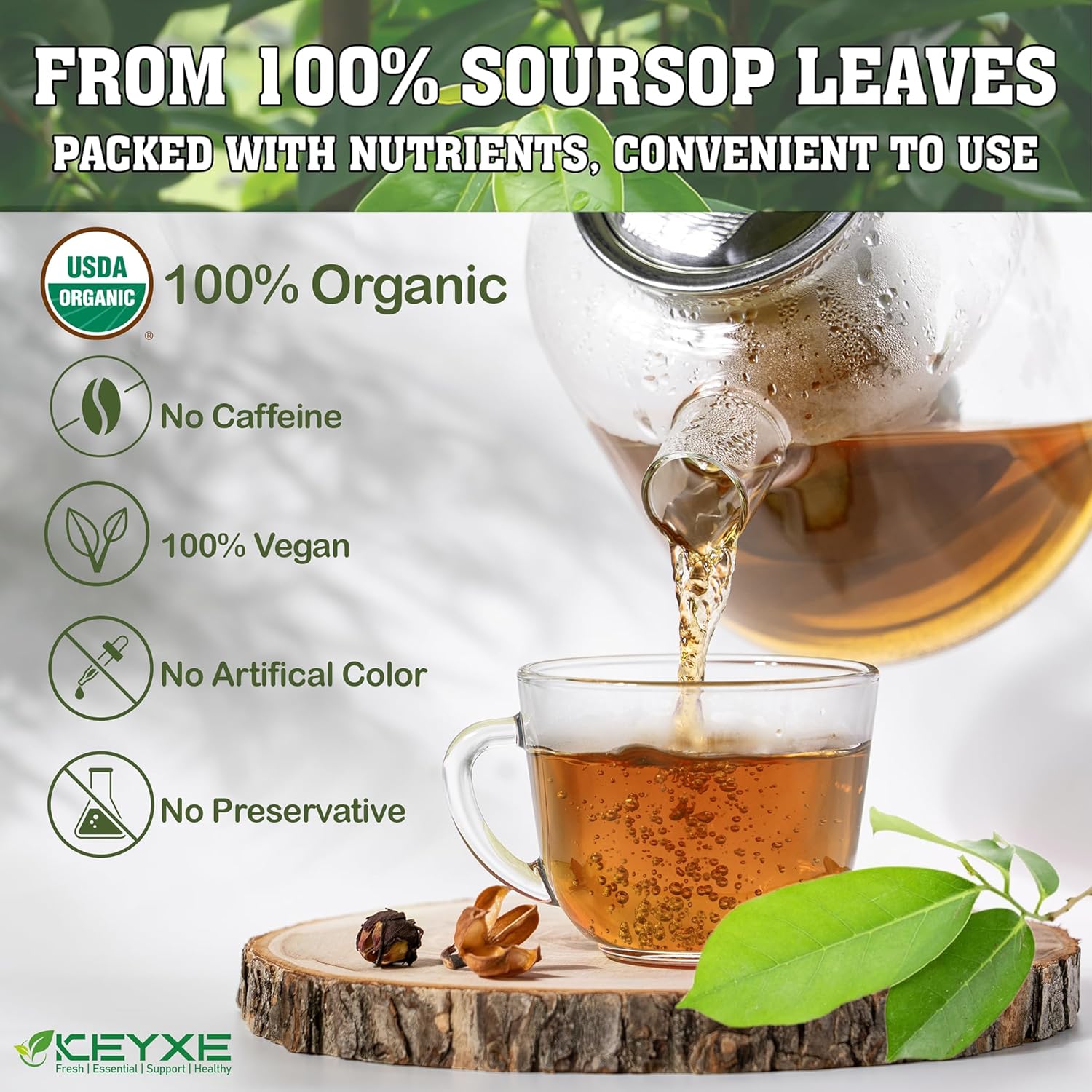 KEYXE - USDA Organic Soursop Graviola Leaves Tea 75 Bags. Non-GMO Verified , 100% Organic Soursop Leaves for Digestion, Boosting Immune, Improving Sleep & Skin Health, Gluten Free, Caffein Free , Hojas De Guanabana Tea Organica, Eco-Conscious Tea Bags