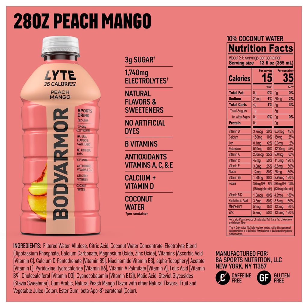 BODYARMOR LYTE Sports Drink Low-Calorie Sports Beverage, Peach Mango, Coconut Water Hydration, Potassium-Packed Electrolytes, Perfect For Athletes, 28 Fl Oz (Pack of 15)