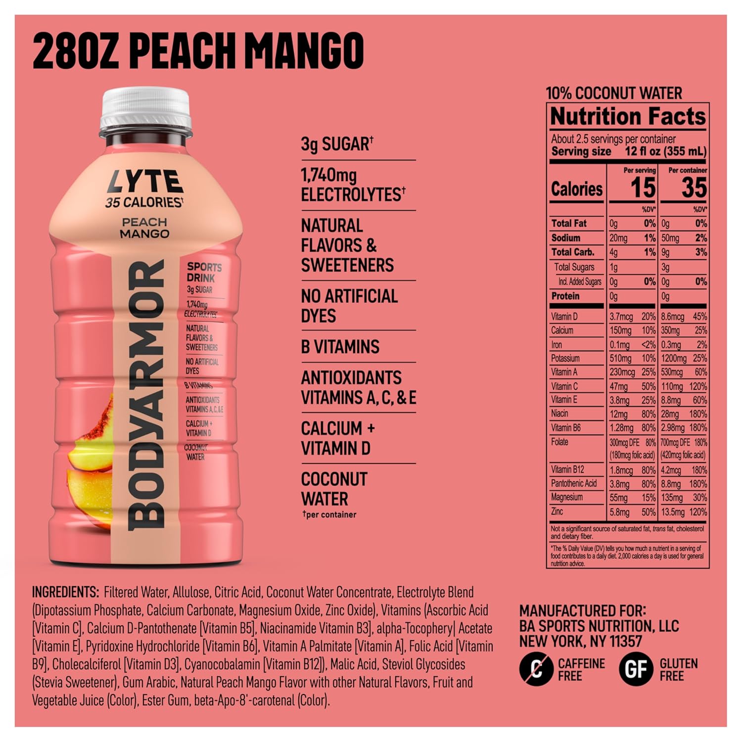 BODYARMOR LYTE Sports Drink Low-Calorie Sports Beverage, Peach Mango, Coconut Water Hydration, Potassium-Packed Electrolytes, Perfect For Athletes, 28 Fl Oz (Pack of 15)