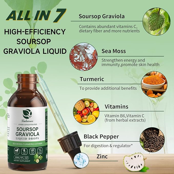 (2 Pack) Soursop Graviola Leaf Extract Liquid Drop Plus Pure Botanical Sea Moss for Cell Support & Regeneration, Immunity and Gut Health, Soursop Bitters Liquid丨Full Texture, Natural Flavor, 1 Fl Oz