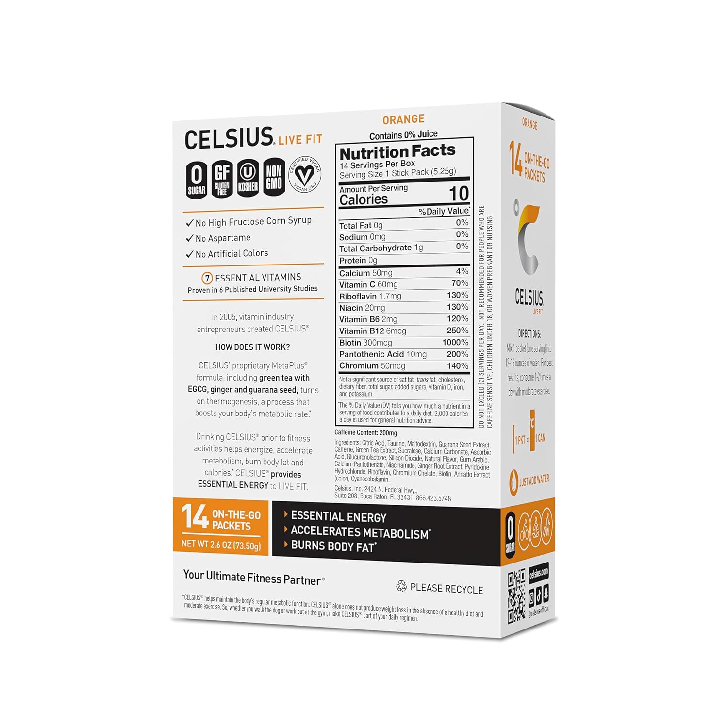 CELSIUS On-the-Go Powder Stick Zero Sugar (14 Sticks per Pack), Orange, 2.60 Oz (Pack of 2)