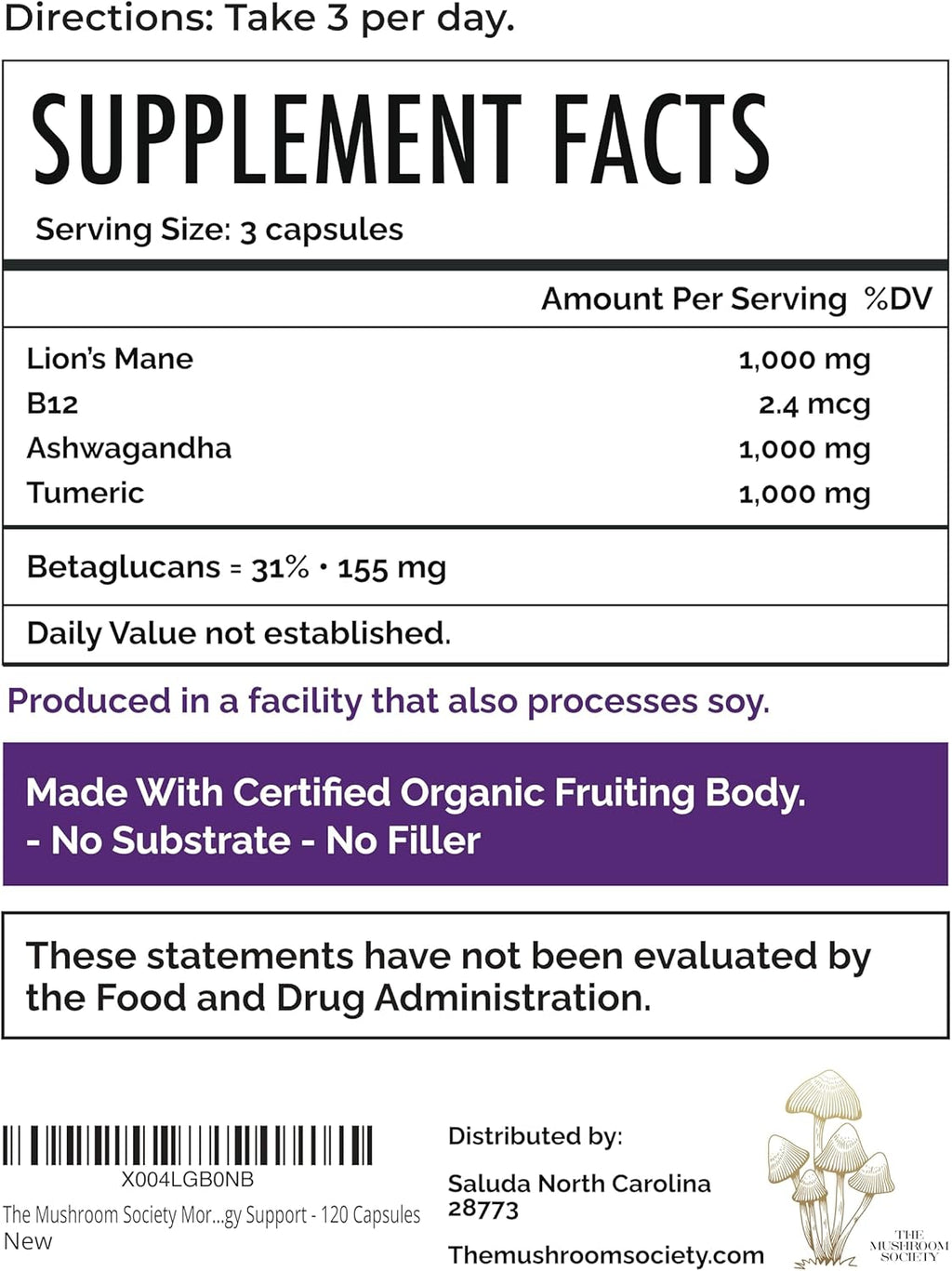 Morning Rush - Lion’s Mane, Ashwagandha, Turmeric & B12 Extract Blend - Mushroom Supplement for Focus & Energy Support - 120 Vegan Capsules