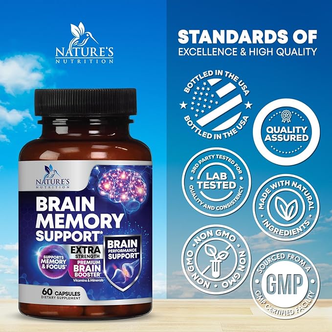 Brain Memory Supplement Pills - 3X Strength Nootropics for Concentration, Clarity & Focus Support - Brain Health Cognitive Vitamins with Bacopa, Phosphatidylserine & DMAE, Brain Booster - 60 Capsules