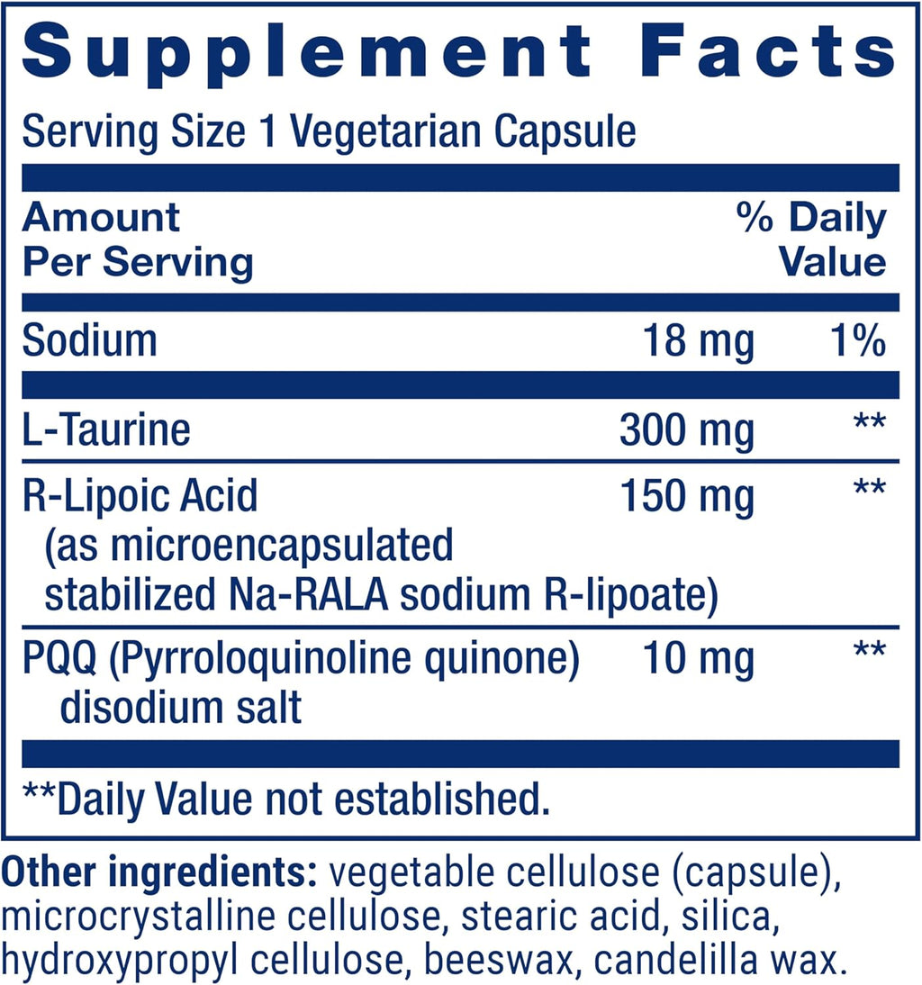 Life Extension Mitochondrial Basics with PQQ, L-Taurine, R-lipoic Acid, foundational Supplement for Cellular Energy Production, Brain and Heart Health, Gluten-Free, Non-GMO, Vegetarian, 30 Capsules