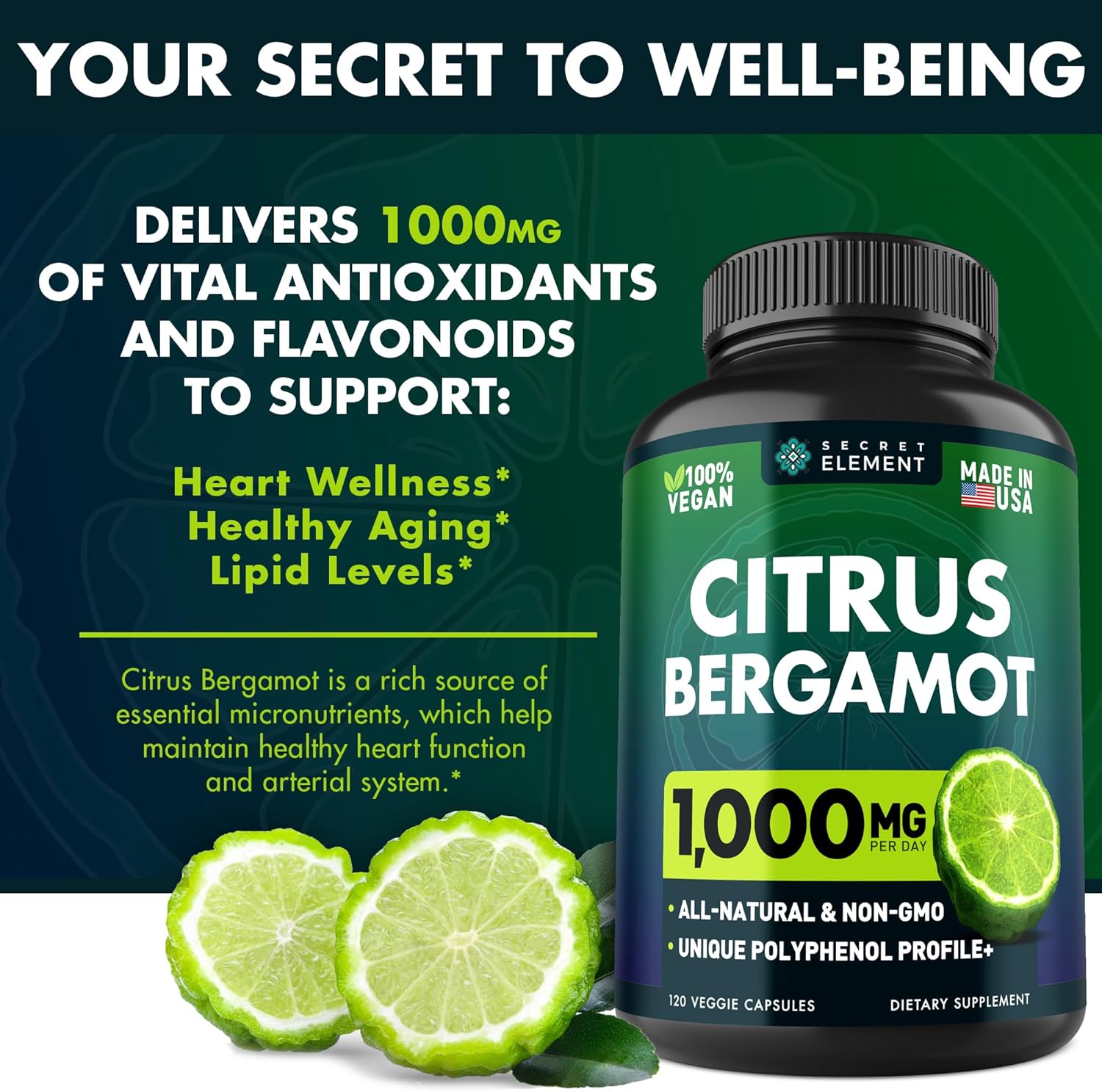 Citrus Bergamot Extract 1000mg - Citrus Bergamot Supplement for Heart, Immune System Support, and Healthy Aging - Pure, Vegan Bergamot Capsules