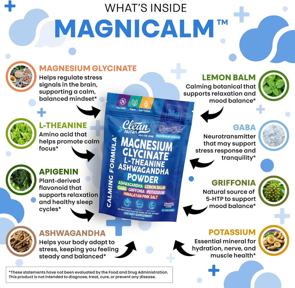 Magnesium Glycinate Powder Supplement + L Theanine Ashwagandha Glycine Apigenin Lemon Balm GABA 5HTP Pink Salt Potassium L Tryptophan Calcium | Powdered Sleep Aid Calm Trace Minerals Vitamin