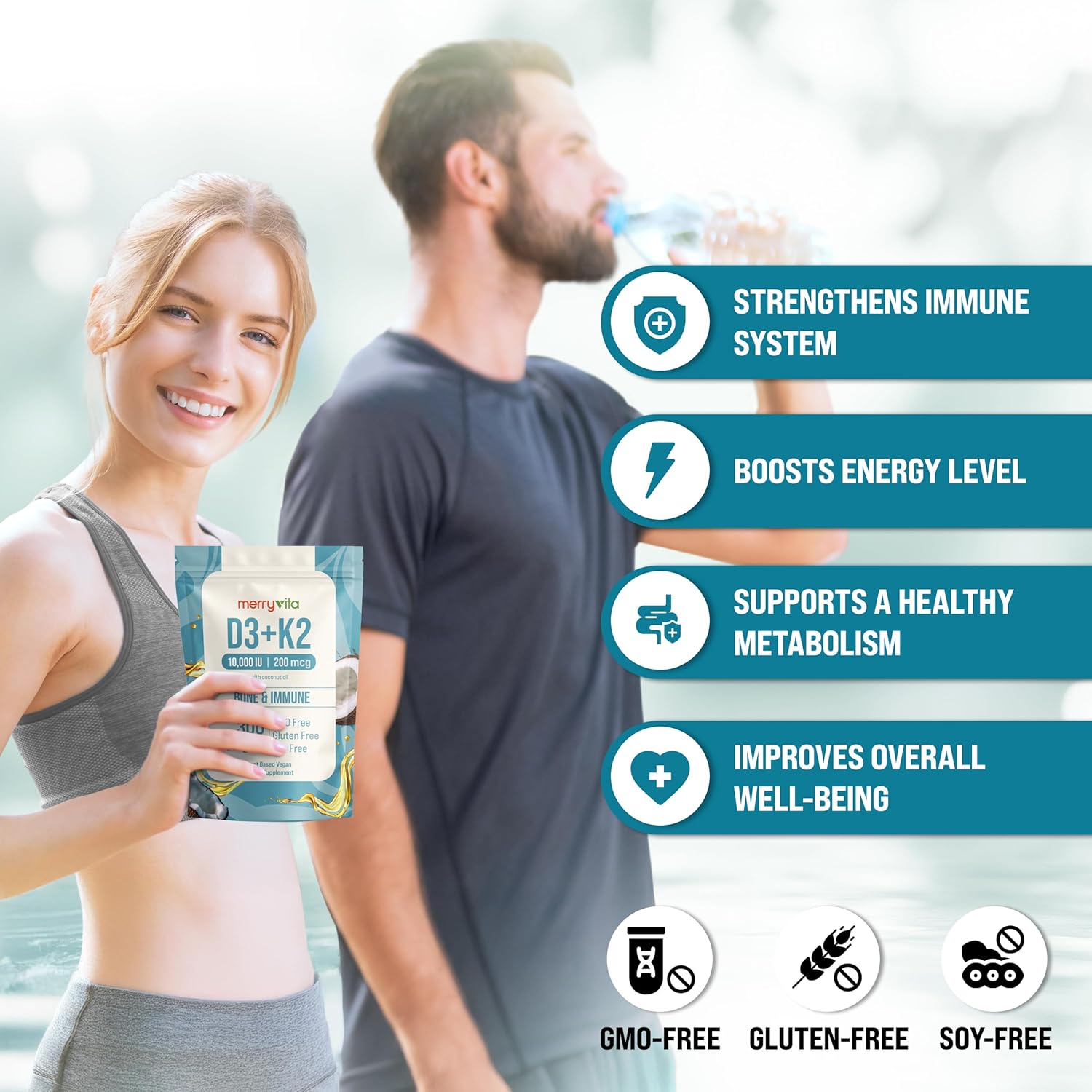 Vitamin D3 K2 300 Softgels – 10000 IU & 200 MCG K2 MK7 – Plant-Based, Vegan, Non-GMO, Gluten-Free – Coconut Oil – Immune, Bone & Muscle Support – D3 con K2 vitamina Supplement