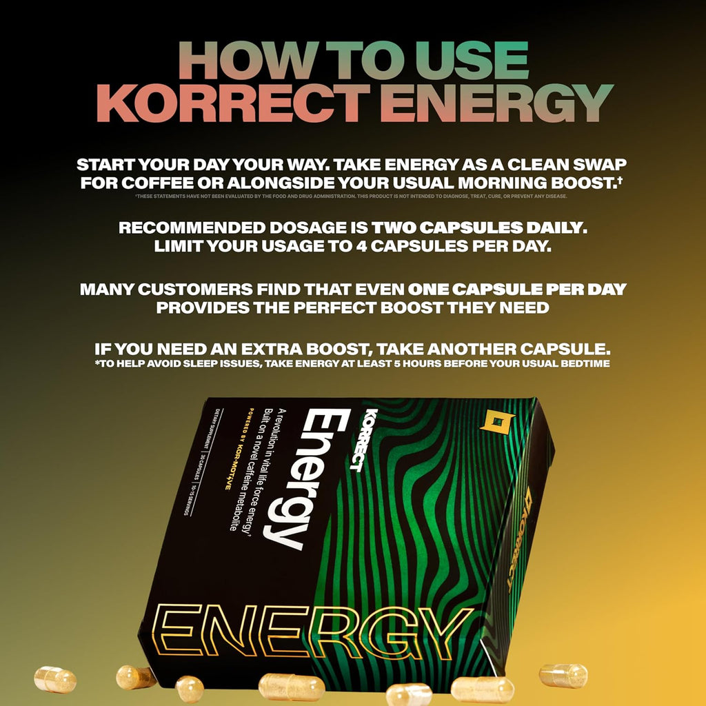 Korrect Clean Energy Supplement for Men & Women | Mental Clarity, Nootropic| Paraxanthine, Sustained Attention| Jitter-Free Stamina |3rd Party Lab Tested, Non-GMO, cGMP Certified 30 Capsules