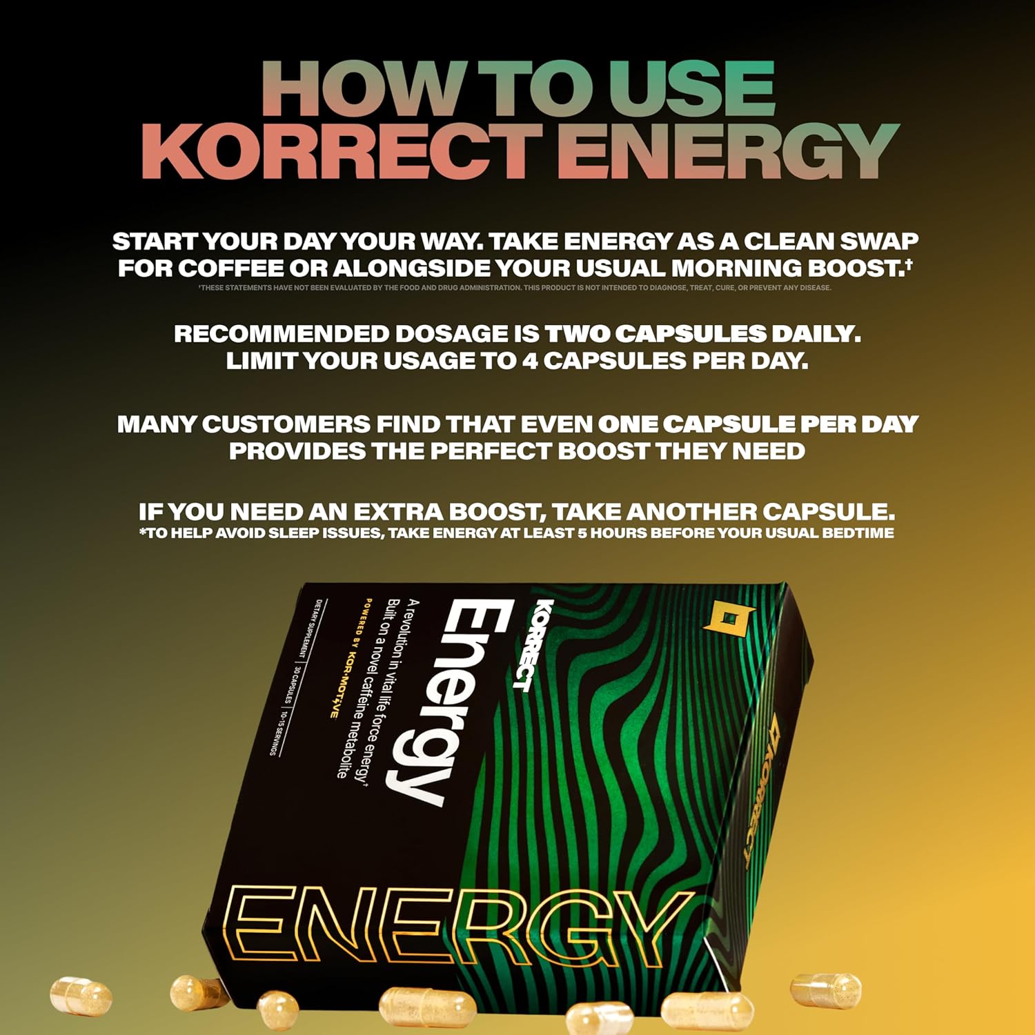 Korrect Clean Energy Supplement for Men & Women | Mental Clarity, Nootropic| Paraxanthine, Sustained Attention| Jitter-Free Stamina |3rd Party Lab Tested, Non-GMO, cGMP Certified 30 Capsules