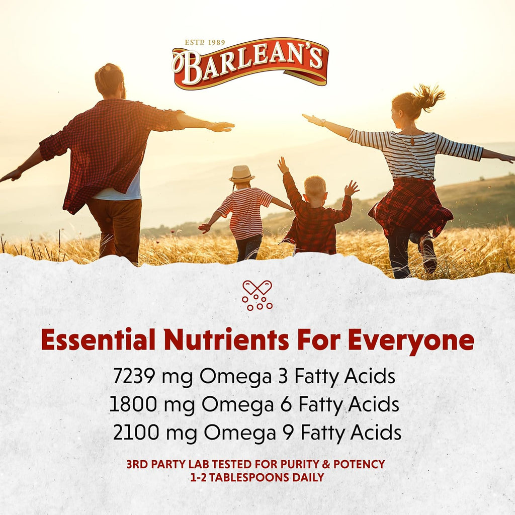 Barlean's Organic Lignan Flaxseed Oil Liquid Supplement from Cold Pressed Flax Seeds, 7,230 mg ALA Omega-3 Fatty Acids for Skin and Hair Care, Vegan & Gluten Free, 8 oz