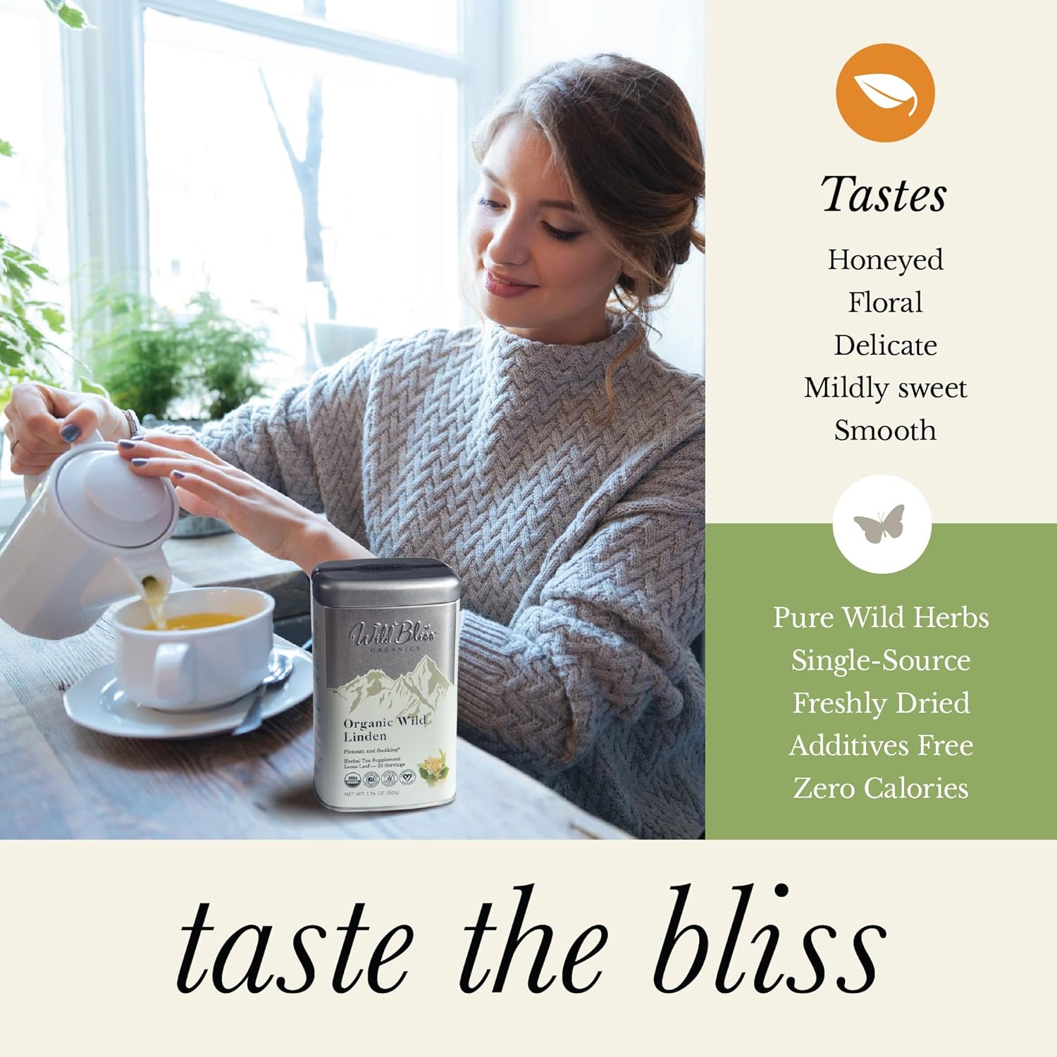 Wild Bliss Organic Linden Flower Tea - Caffeine Free Loose Leaf Calming Herbal Tea - 2.82 Ounces - 40 Servings