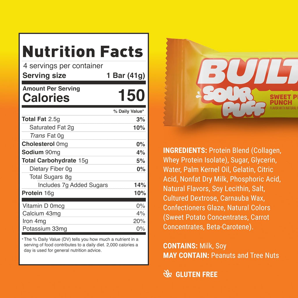 Built Bar, Sour Puff Protein Bars, Variety Pack, Collagen, On-the-go Snacks, Sour Candy, Mixed Sampler, 12 Pack