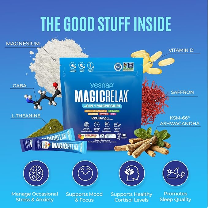 MAGICRELAX Calming Sparking Mix 8-in-1 Magnesium KSM-66 Ashwagandha Saffron Vitamin D3 GABA L-Theanine Supports Healthy Cortisol Levels,Mood and Sleep No Sugar Non GMO Raspberry Lemonade Flavor