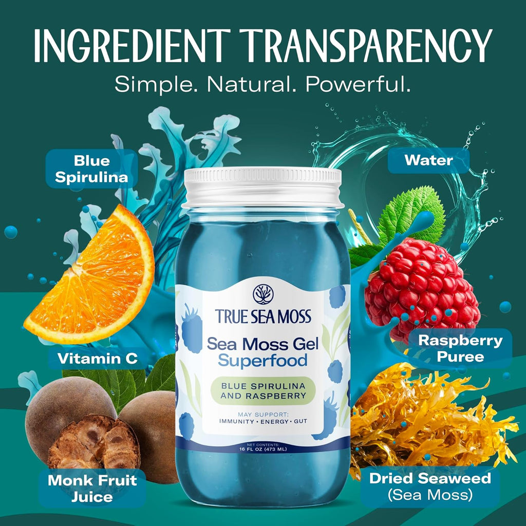 TrueSeaMoss Sea Moss Gel – Made in USA – Wildcrafted Seamoss, Fresh Fruits & Sea Vegetables – Blue Spirulina, Pack of 1 (Labels may Vary)
