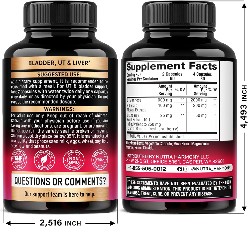 D-Mannose 2000mg with Cranberry & Hibiscus - Clinically Tested Strength for Urinary Tract Health - Supplement for Women - Bladder, Liver & Microflora Support - Made in USA - Vegan, 120 Capsules