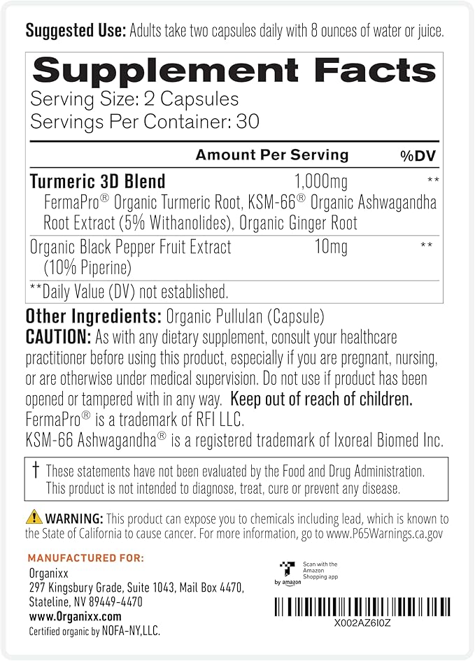 Organixx USDA Organic Turmeric Curcumin Supplement with Ashwagandha, Vitamin D, Turmeric & Ginger – Fermented for Maximum Bioavailability, 60 Count + 30 Count