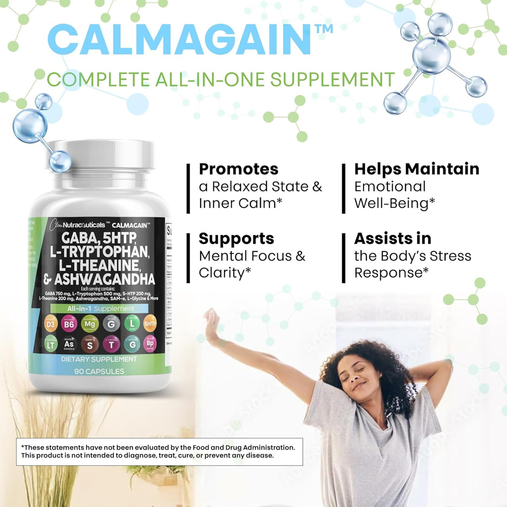 Clean Nutraceuticals GABA 750mg 5 HTP 200mg L Tryptophan 500mg L Theanine 200mg Ashwagandha SAM-e L-Glycine - Mood Support Vitamins for Women and Men with L-Tyrosine (90 Count (Pack of 3))