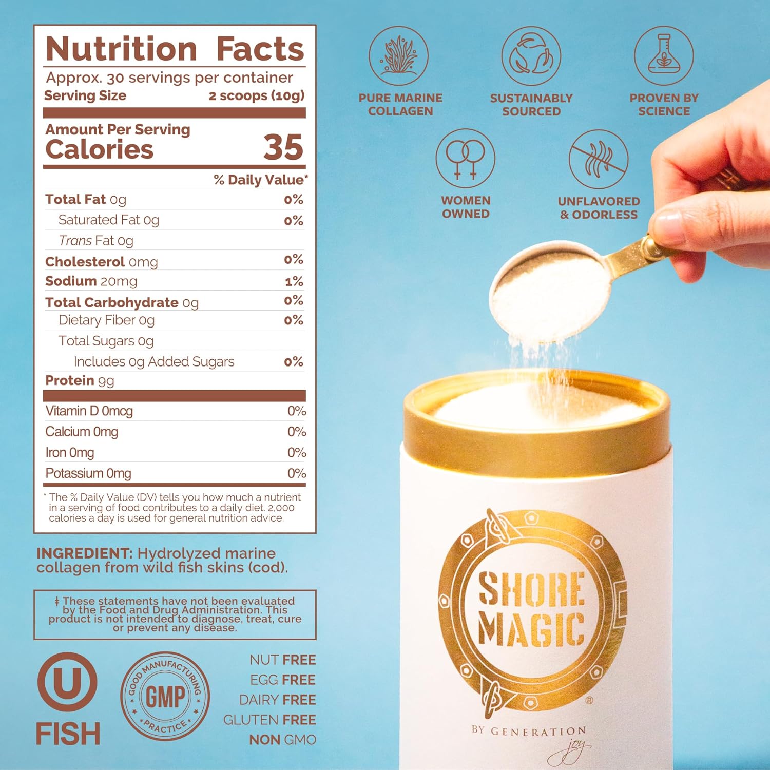 Premium Marine Collagen Powder with Type I II III and IV Hydrolyzed Peptides for Women and Men Sourced from Wild Fish, Certified Halal and Kosher Unflavored - 30 Day Supply, 300g Canister
