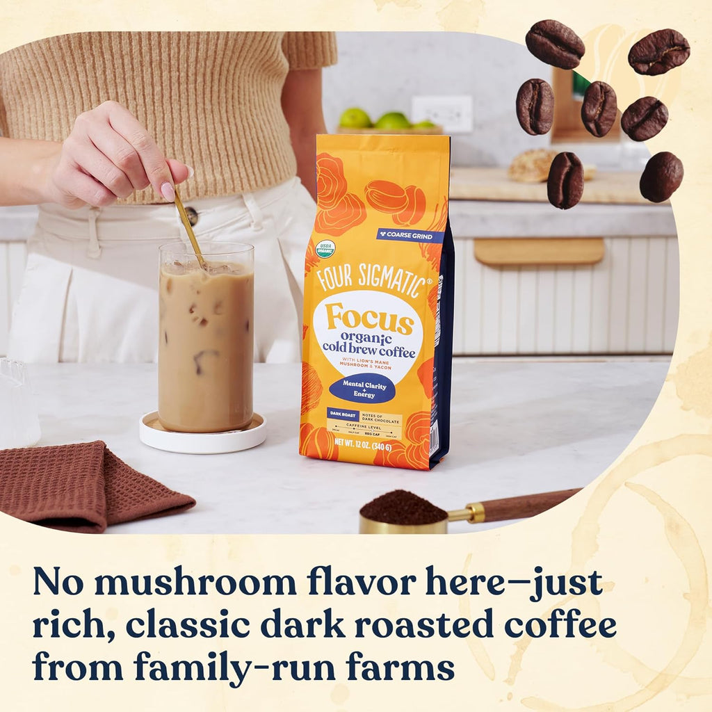 Four Sigmatic Organic Cold Brew Coffee Grounds | Dark Roast, Coarse Grounds with Lion's Mane and Chaga | Cold Brew Mushroom Coffee for Crash-Free Focus | 12 oz Bag