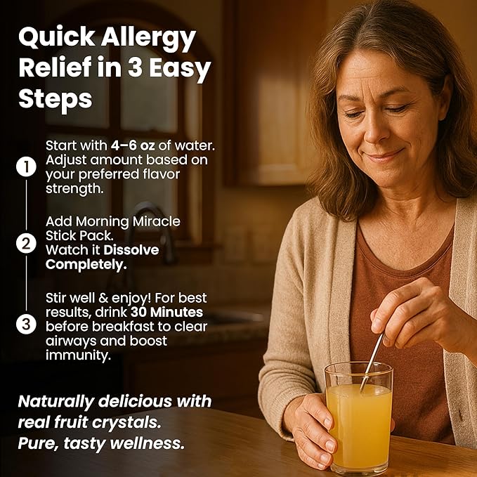 Morning Miracle Natural Allergy Relief Non-Drowsy Drink Mix for Sinus Support, Steady Energy, and Daily Natural Antihistamine for Adults (60mg Caffeine, 30 Stick Variety Pack)