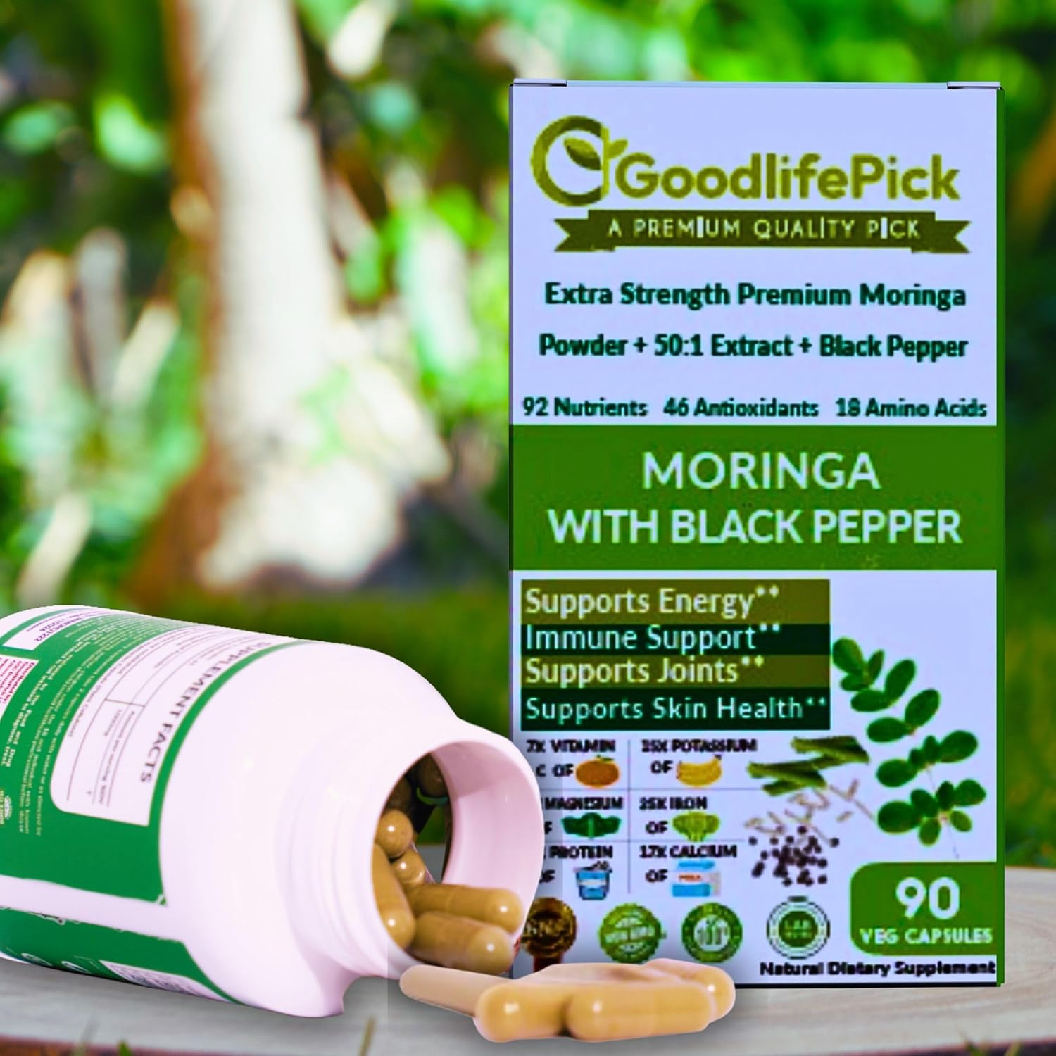Premium Moringa Capsules with Black Pepper. Moringa Oleifera Powder & 50:1 Moringa Extract for Maximum Benefits 90ct All Natural NonGMO No Rice Powder No Stearate No Silicon Vegan