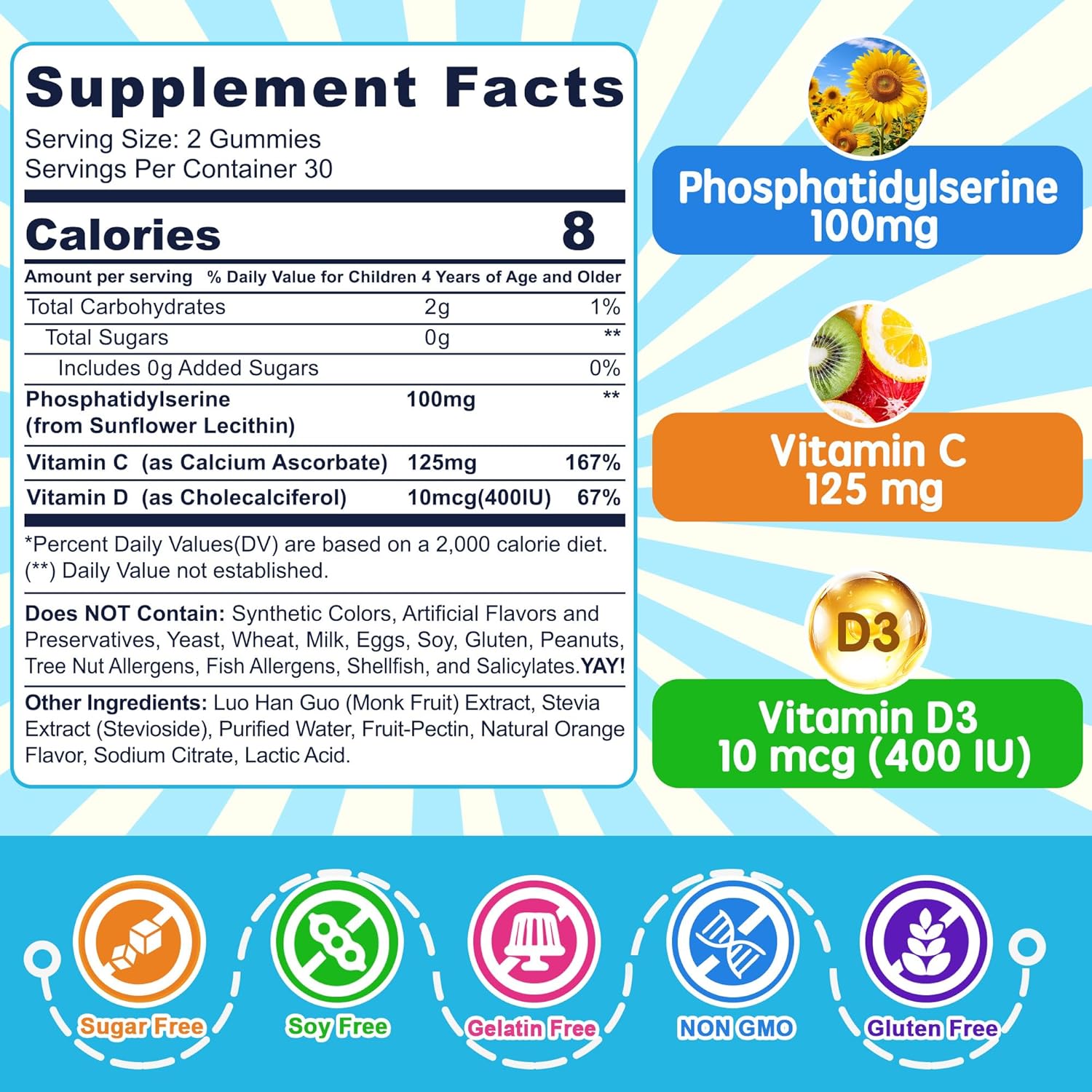 Phosphatidylserine Supplement 100mg, Focus Gummies for Kids Teens + Vitamin C & D3 400IU, Sugar Free Kids Brain Gummies Increase Attention & Concentration, Chewable, Vegan, Gluten Free, Non-GMO 2 Pack