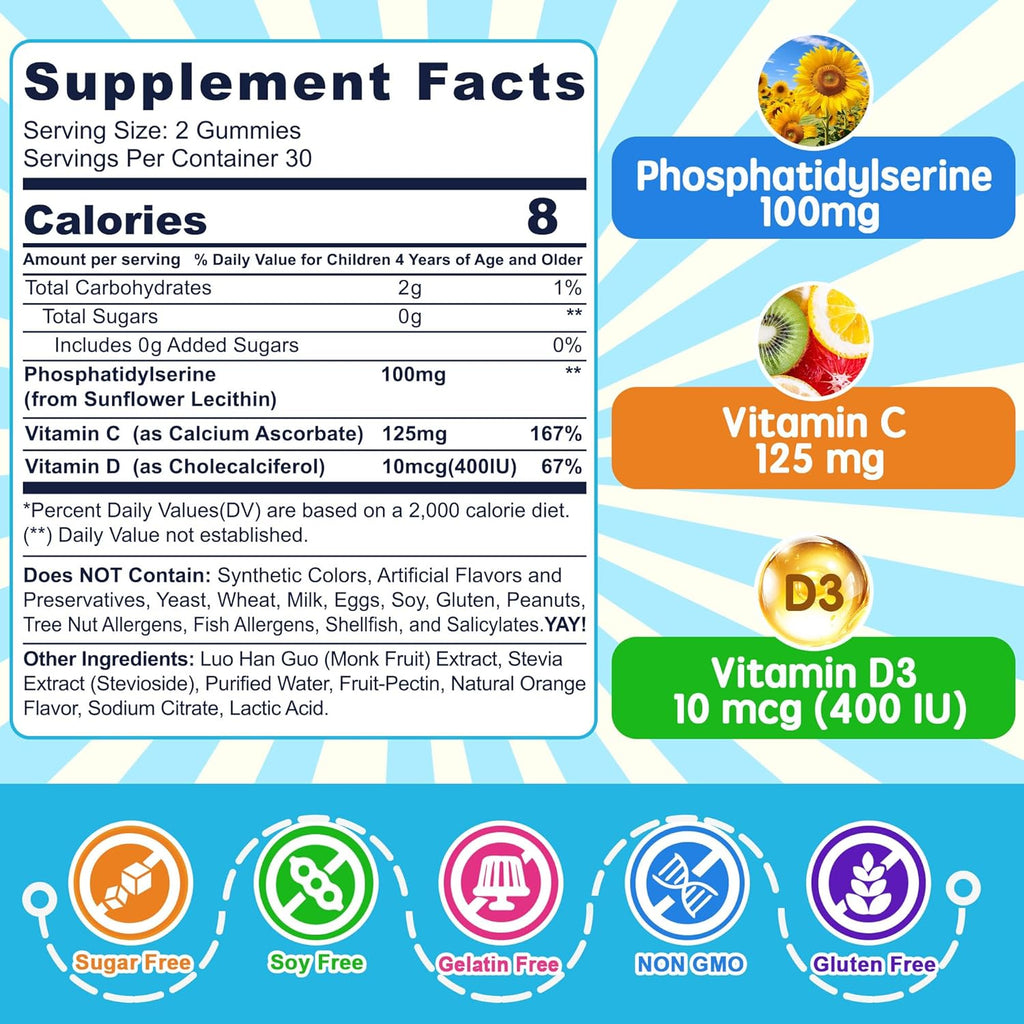 Phosphatidylserine Supplement 100mg, Focus Gummies for Kids Teens + Vitamin C & D3 400IU, Sugar Free Kids Brain Gummies Increase Attention & Concentration, Chewable, Vegan, Gluten Free, Non-GMO 60Cts