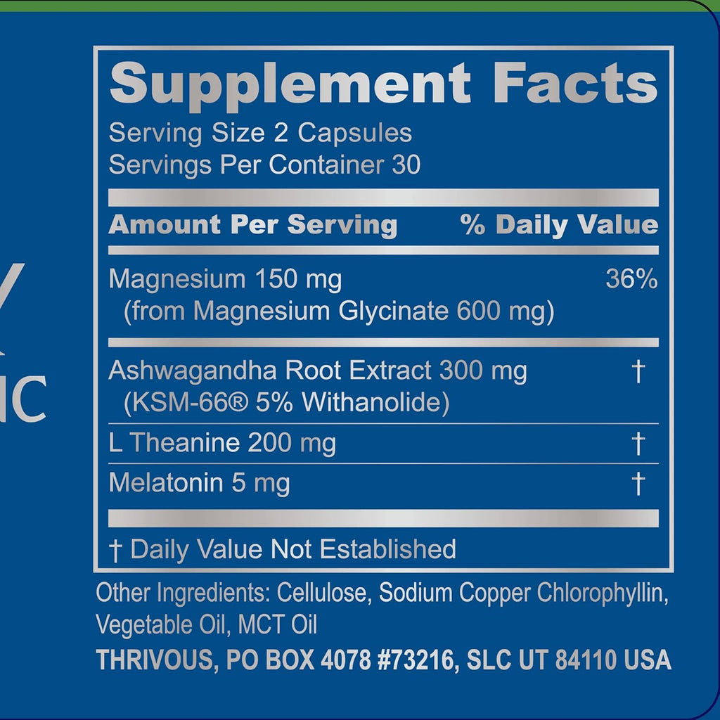 Thrivous Serenity - Natural Sleep Aid Pills - 5mg Melatonin with Ashwagandha, L-Theanine, and Magnesium Glycinate - Extra Strength Stress Relief Supplement - 30 High Dose Servings - 60 Capsules