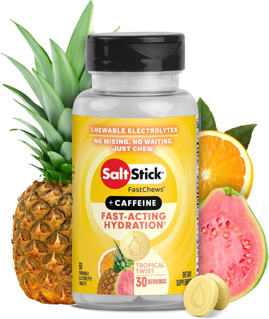 SaltStick Electrolyte FastChews with Caffeine - 60 Tropical Twist Chewable Electrolytes - Salt Tablets for Running and Hydration, Electrolyte Chews - 60 Count