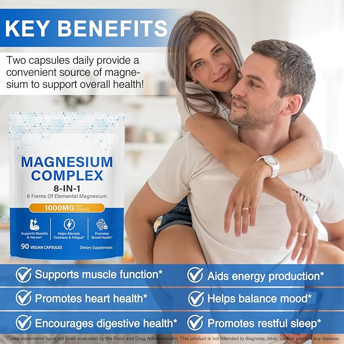 8-in-1 Magnesium Complex Supplement 90 Capsules, 1000mg with Magnesium Glycinate, Citrate, Malate, Taurate, Easy Absorption for Sleep, Muscle Relaxation, Nerve & Heart Health, Energy, Non-GMO, Vegan