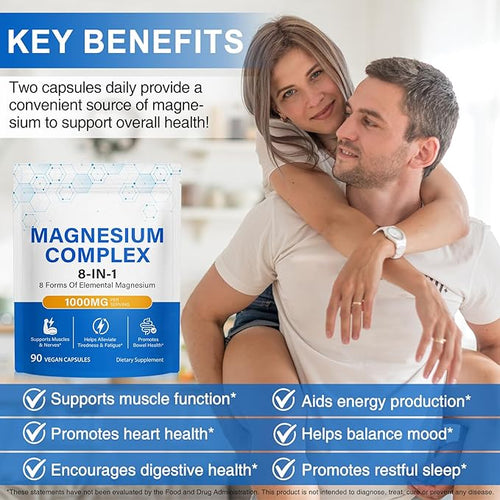 8-in-1 Magnesium Complex Supplement 90 Capsules, 1000mg with Magnesium Glycinate, Citrate, Malate, Taurate, Easy Absorption for Sleep, Muscle Relaxation, Nerve & Heart Health, Energy, Non-GMO, Vegan