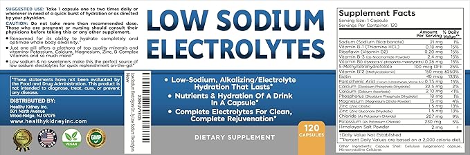 Low Sodium Electrolytes Only 23mg Serving 120 Servings Almost No Sodium Electrolyte Supplement, Sugar Free Fast Hydration Potassium, Magnesium, Zinc, C & More Kidney Friendly Low Sodium Electrolytes