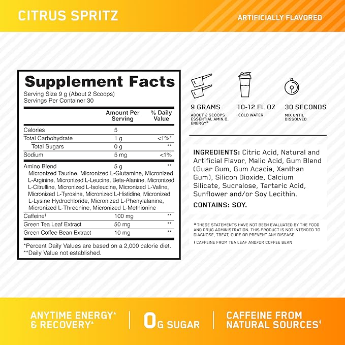 Optimum Nutrition Amino Energy Powder – Energy & Focus Pre Workout with Amino Acids, BCAA, Green Tea Caffeine & Coffee, Muscle Recovery Support – Citrus Sprtiz, 30 Servings (Packaging May Vary)