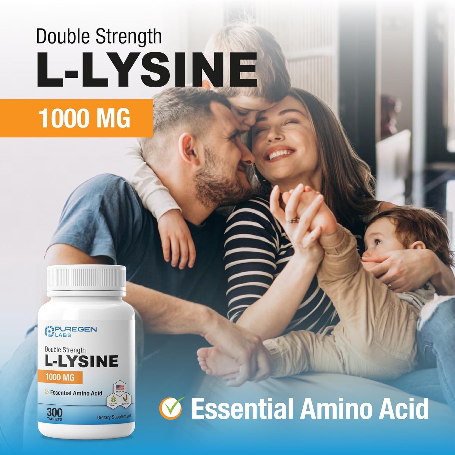 Puregen Labs L-Lysine Extra Strength 1000 MG per Tablet - 300 Servings | High Potency, Immune and Collagen Synthesis Support, Non-GMO, NO Gluten and Dairy - 300 Tablets Made in USA