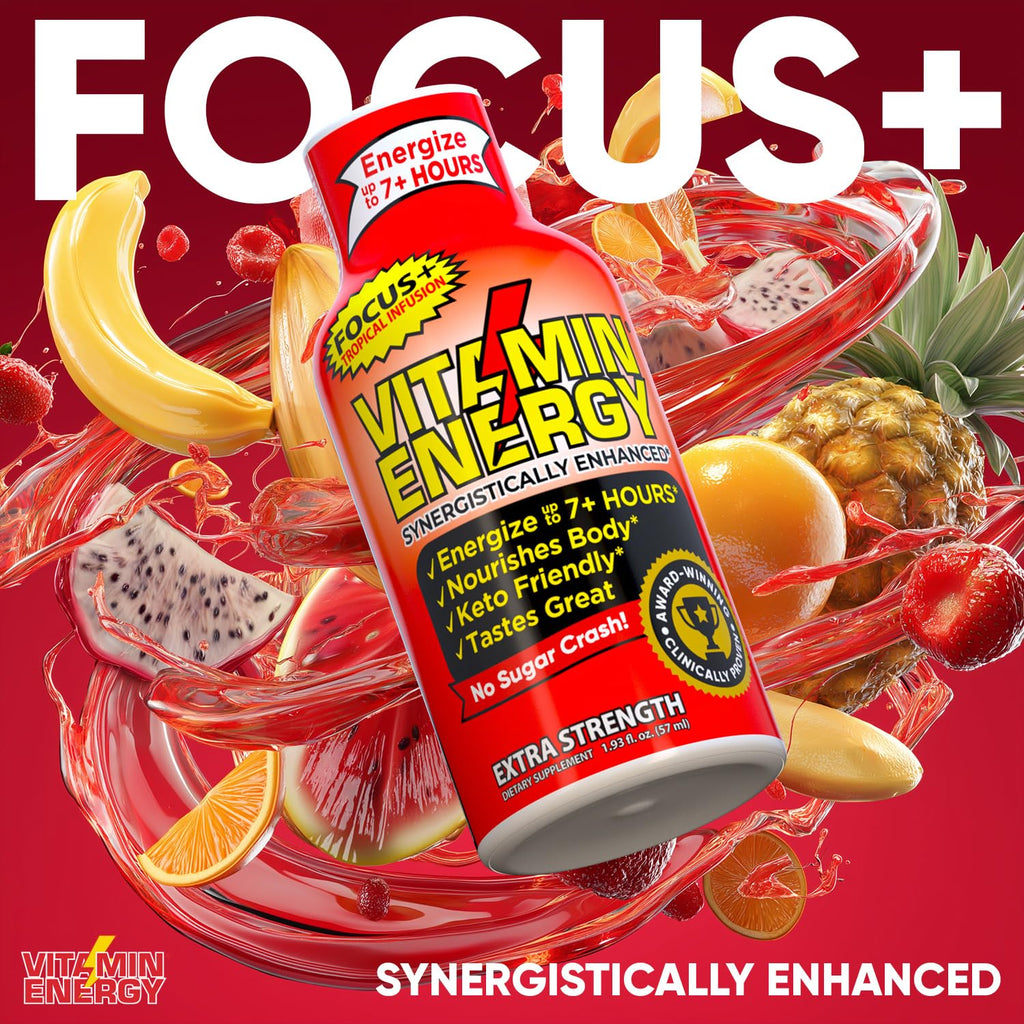 Vitamin Energy Focus+ Extra Strength Energy Shot Tropical Infusion 24 Pack, 260mg Natural Caffeine, B-Vitamins, CoQ10, Amino Acids, Focus, Productivity & Clarity, Zero Sugar, Gluten-Free, 1.93 fl oz